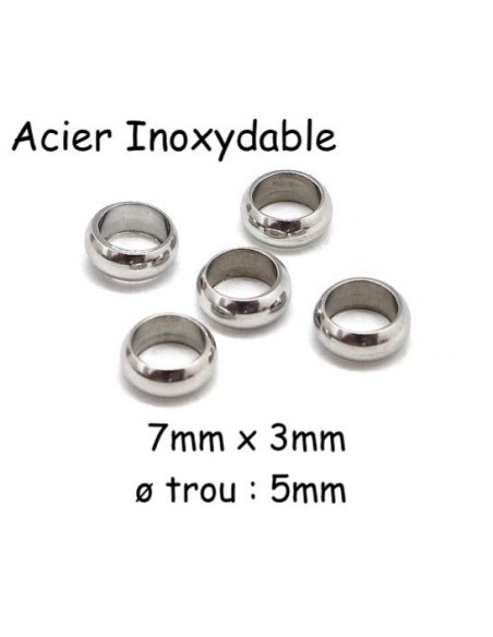 Perle ronde 7mm à gros trou en acier inoxydable argenté - rondelle donut 7mm x 3mm