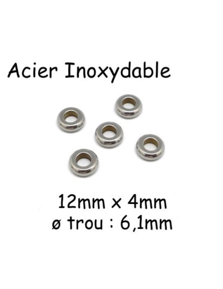 Perle ronde donut à gros trou en acier inoxydable argenté 12mm