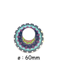 Pendentif rond 60mm en bois, créole motif mandala dégradé de bleu turquoise, bleu marine vert