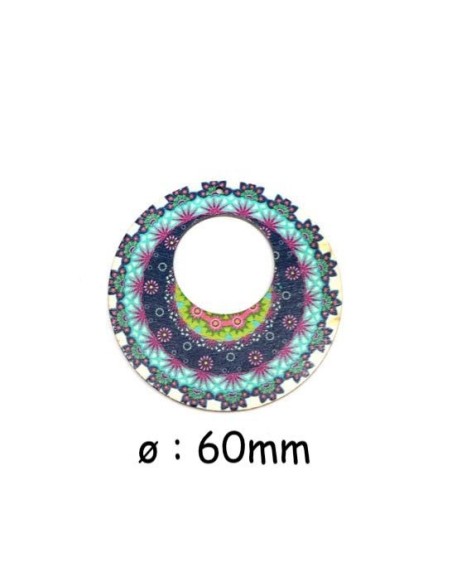 Pendentif rond 60mm en bois, créole motif mandala dégradé de bleu turquoise, bleu marine vert Pendentif rond 60mm en bois, créole motif mandala dégradé de bleu turquoise, bleu marine vert