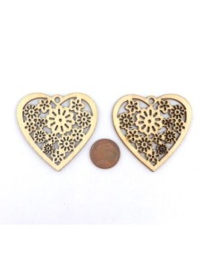 Pendentif coeur en bois travaillé motif fleur filigrane pour scrapbooking, bijoux 2