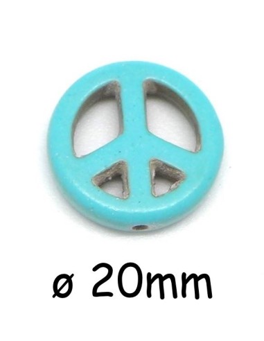 Perle Peace and Love 20mm synthétique imitation turquoise "Howlite" couleur turquoise