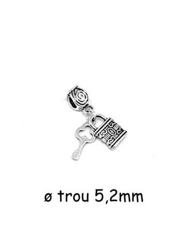 Perle bélière avec ses breloques clef et cadenas en métal argenté pour cordon cuir 5mm