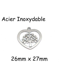 Pendentif coeur avec arbre de vie en acier inoxydable argenté 26mm