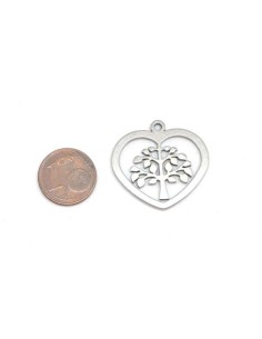 Pendentif coeur avec arbre de vie en acier inoxydable argenté 26mm 2