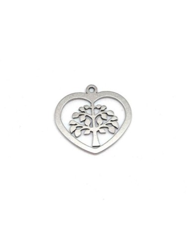 Pendentif coeur avec arbre de vie  argenté en acier inox pour collier