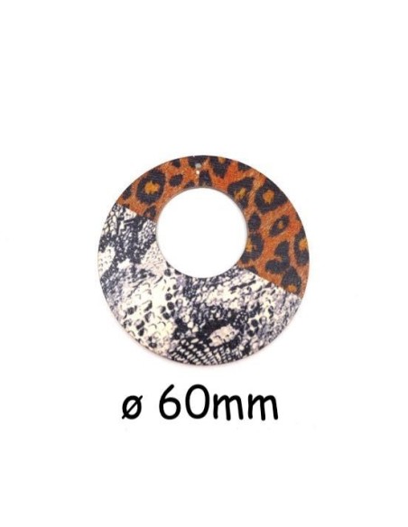 Pendentif créole en bois motif serpent et panthère marron, noir et gris impression félin