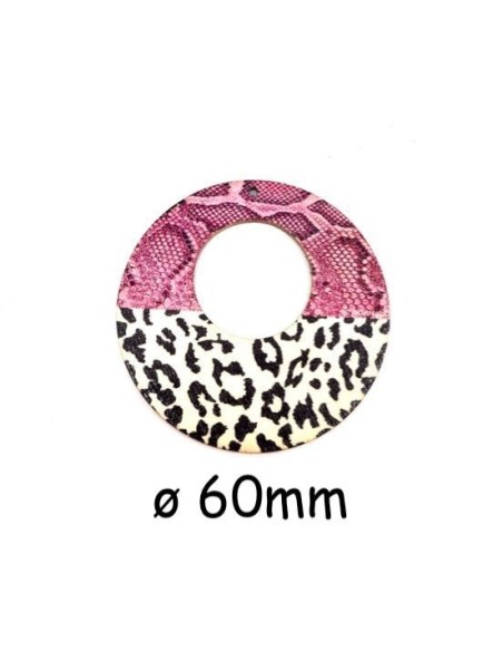 Pendentif créole en bois motif serpent et panthère rose, noir et beige - félin