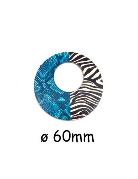 Pendentif créole en bois motif zèbre et serpent bleu turquoise, noir et écru