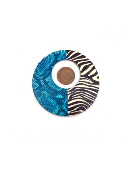 Pendentif rond en bois motif zèbre et serpent bleu turquoise, noir et écru