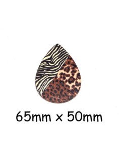 Grand Pendentifs goutte en bois motif zèbre et panthère marron, noir et beige