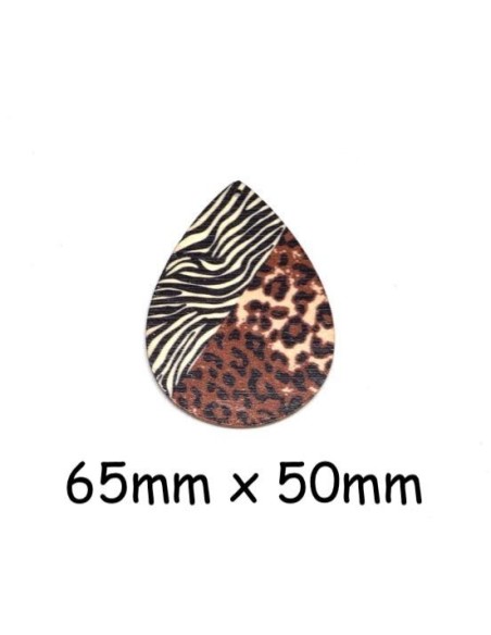 Grand Pendentifs goutte en bois motif zèbre et panthère marron, noir et beige