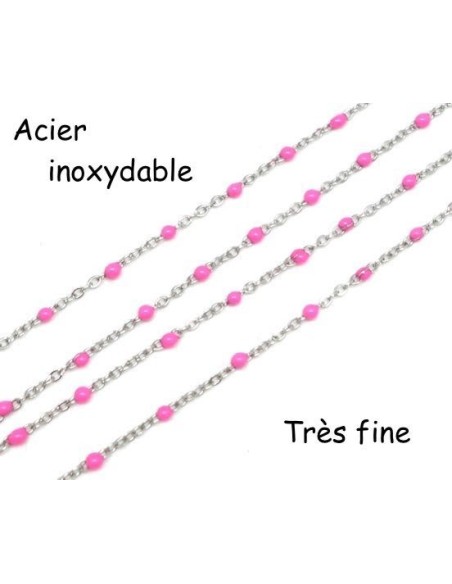 Chaine très fine argenté et émaillé bille rose en acier inoxydable maillon forçat