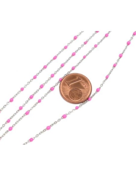 Chaine acier argenté et maillon émaillé rose très fine