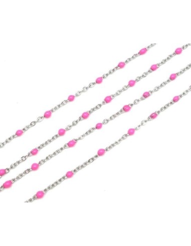 Chainette très fine acier inox argenté et bille émaillé rose