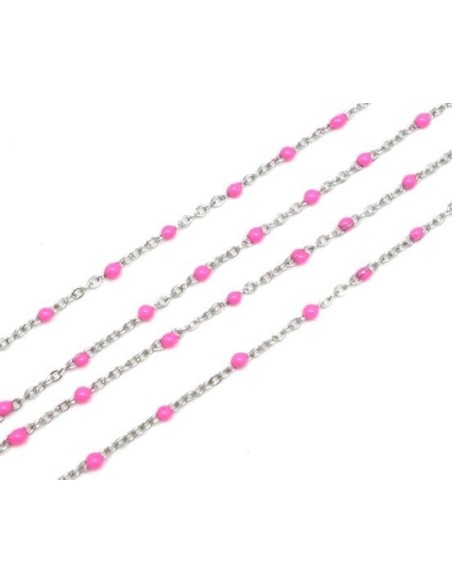 Chainette très fine acier inox argenté et bille émaillé rose