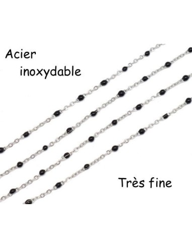chaîne très fine en acier inox argenté et maillon émaillé noir