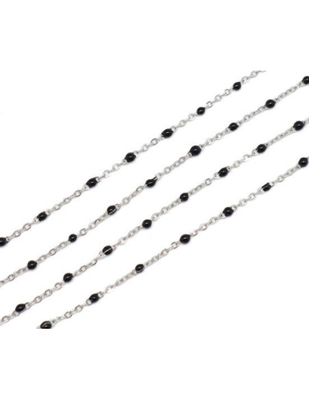 chaîne très fine en acier inox argenté et maillon émaillé noir en forme de bille
