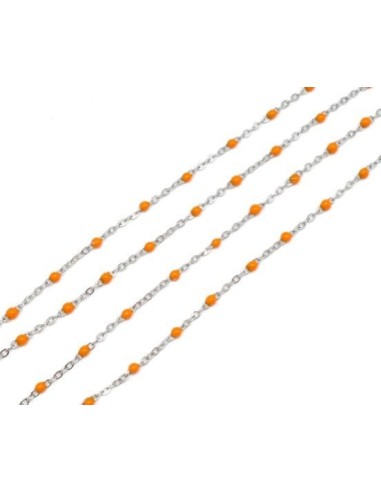 chaîne très fine en acier inox argenté et maillon émaillé orange en forme de bille