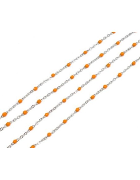 chaîne très fine en acier inox argenté et maillon émaillé orange en forme de bille