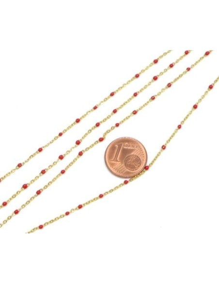 chaîne doré très fine en acier inox et maillon émaillé rouge en forme de bille