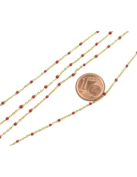 chaînette doré très fine en acier inox et maillon émaillé rouge
