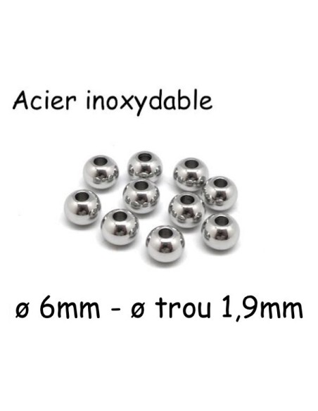 Perle ronde argenté 6mm en acier inox pour cordon de 2mm