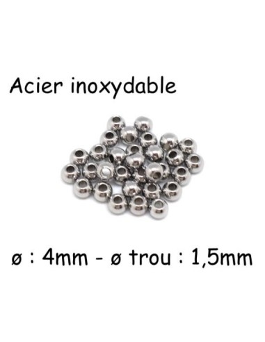 Perle ronde 4mm en acier inoxydable argenté pour cordon de 1,5mm