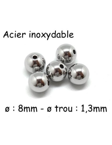 Perle ronde 8mm argenté en acier inoxydable