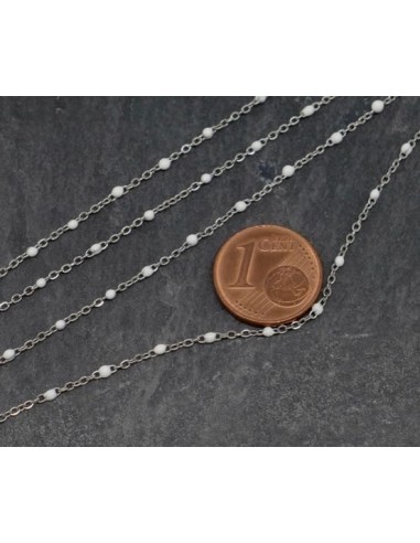 Chaîne très fine en acier inox argenté et maillon émaillé blanc pour bracelet