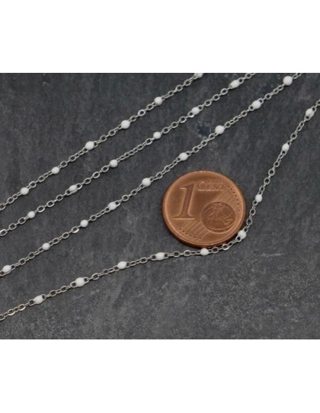 Chaîne très fine en acier inox argenté et maillon émaillé blanc pour bracelet