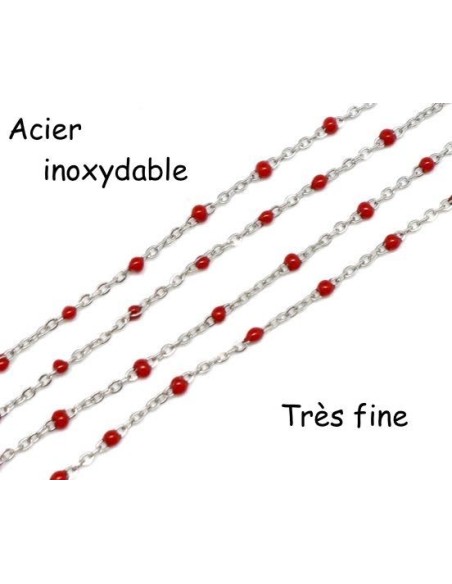 chaîne très fine en acier inox argenté et maillon émaillé rouge