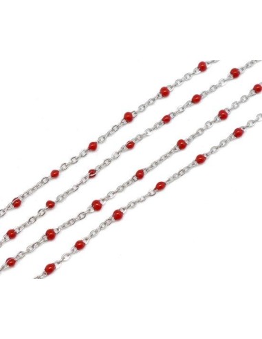 Chainette fine boule rouge et argente en acier pour collier