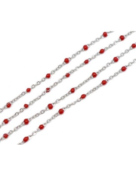 Chainette fine boule rouge et argente en acier pour collier