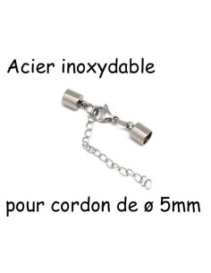 Fermoir mousqueton embout rond pour cordon cuir de 5mm en acier inox argenté avec chainette de rallonge