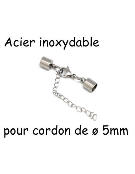 Fermoir mousqueton embout rond pour cordon cuir de 5mm en acier inox argenté avec chainette de rallonge Fermoir mousqueton embout rond pour cordon cuir de 5mm en acier inox argenté avec chainette de rallonge