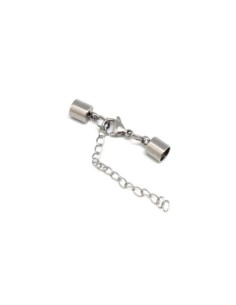 Fermoir mousqueton embout rond pour cordon cuir de 5mm en acier inox argenté avec chainette de rallonge 2