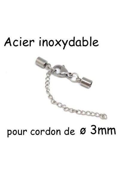 Fermoir mousqueton embout rond pour cordon cuir de 3mm en acier inox argenté avec chainette de rallonge