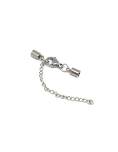 Fermoir mousqueton embout rond pour cordon cuir de 3mm en acier inox argenté avec chainette de rallonge 2
