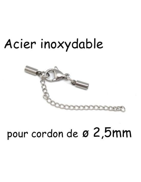 Fermoir argenté avec embout rond pour cordon de 2.5mm en acier inox