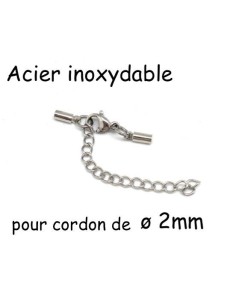 Fermoir argenté embout rond pour cordon cuir de 2mm en acier inox avec chainette de rallonge