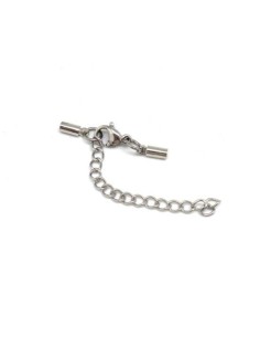 Fermoir argenté embout rond pour cordon cuir de 2mm en acier inox avec chainette de rallonge 2