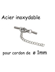 Fermoir mousqueton argenté embout rond pour cordon de 1mm en acier inox avec chainette de rallonge