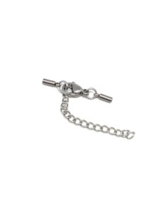 Fermoir mousqueton argenté embout rond pour cordon de 1mm en acier inox avec chainette de rallonge 2