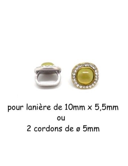 Perle passant avec strass et cabochon jaune vert citrine pour 2 cordons de 5mm