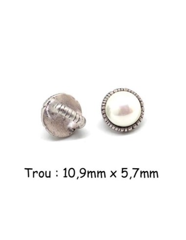 Perle passant avec cabochon rond couleur blanc nacré en métal argenté à gros trou