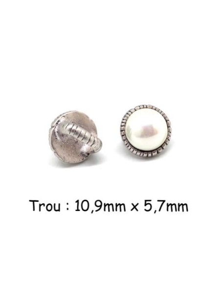 Perle passant avec cabochon rond couleur blanc nacré en métal argenté à gros trou