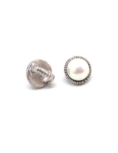 Perle slide avec cabochon rond couleur blanc nacré en métal argenté à gros trou