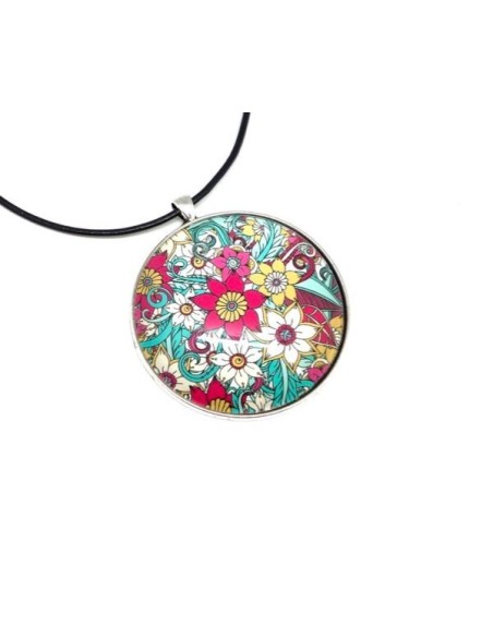KIT collier sautoir grand cabochon rond motif fleur rose, bleu turquoise