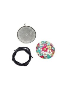 KIT collier sautoir grand cabochon rond motif fleur rose, bleu turquoise 2